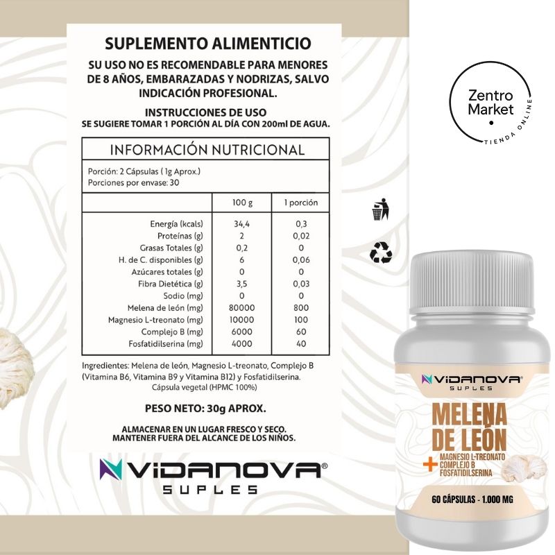 MELENA DE LEON FORTIFICADA - 60 Capsulas Mejora Cerebral, Concentración, Estrés y Ansiedad